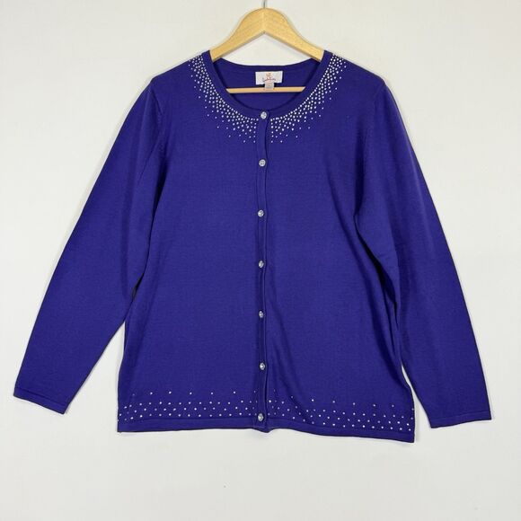 Quacker Factory Womens Large Royal Purple‎ Rhinestone Whimsical Cardigan Sweater - Picture 1 of 6
